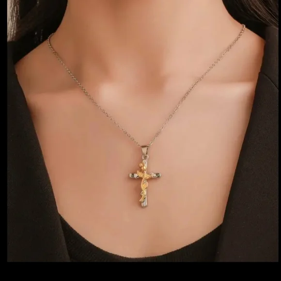 Rose Cross Necklace Gold Tone - Picture 2 of 4